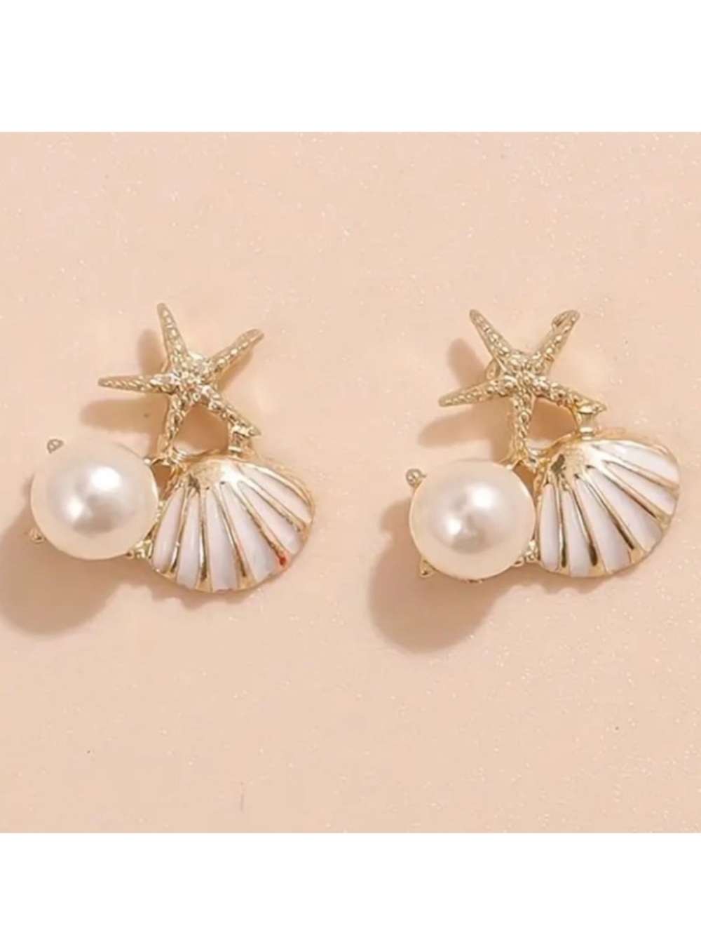 Pearl White Enamel Seashell with Textured Starfish Gold Toned Stud Earrings